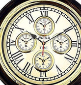 Antique Style Wooden 5 Time Wall Clock with World Map, Brass Accents, 16-inch Round Art Design - WoodenTwist